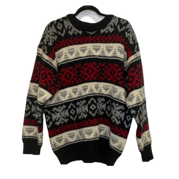 VINTAGE 100% Virgin Wool Pullover Crew Neck Sweater Black Cream Grey Red Large - Picture 10 of 13